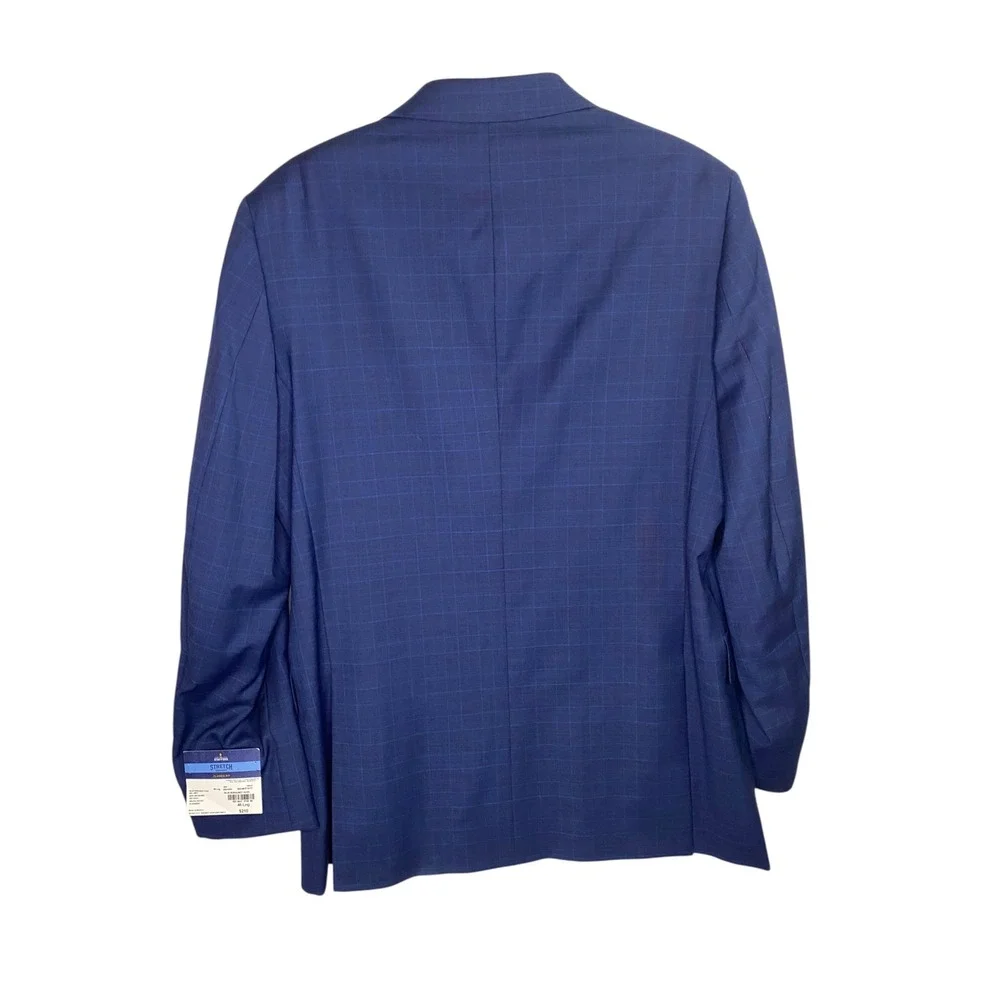 Stafford Men Blue Burgundy Glen Plaid Sport Coat 46 Long Travel Stretch Wool